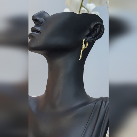 Gold Snake Earrings with Green Accent - Picture 6 of 7